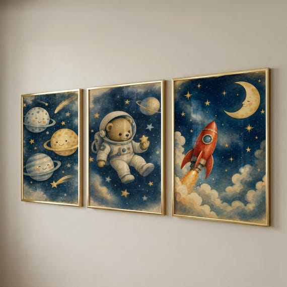 Set of 3 Space Nursery Prints, Printable Wall Art for Kids Room