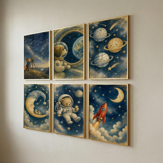 Set of 6 Nursery Prints, Space Wall Art for Kids Room, Playroom Decor