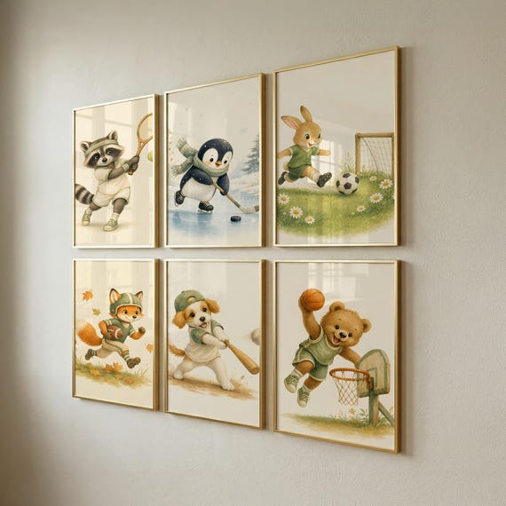 Set of 6 Vintage Sports Nursery Prints, Boys Room Decor, Digital Download