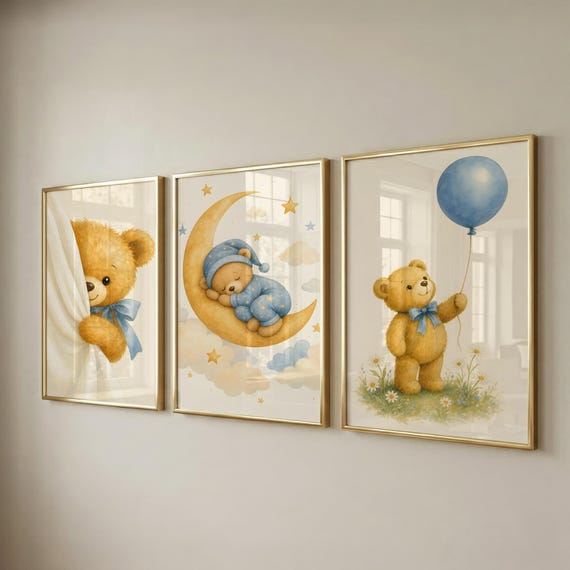 Set of 3 Teddy Bear Nursery Prints, Kids Room Decor, Baby Shower Gift