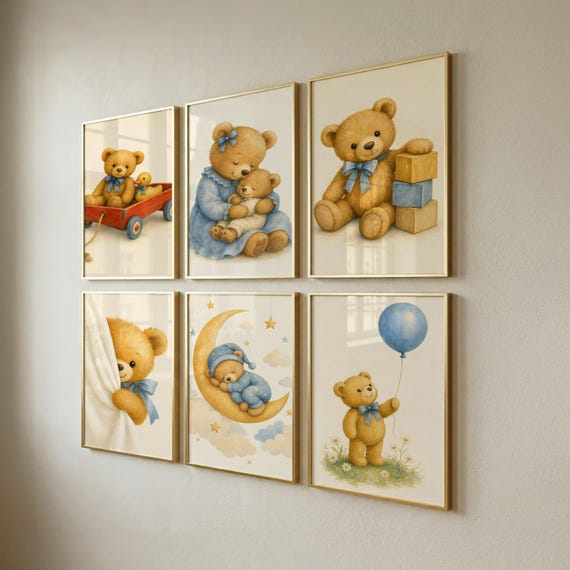 Set of 6 Teddy Bear Nursery Prints, Playroom Decor, Neutral Kids Wall Art