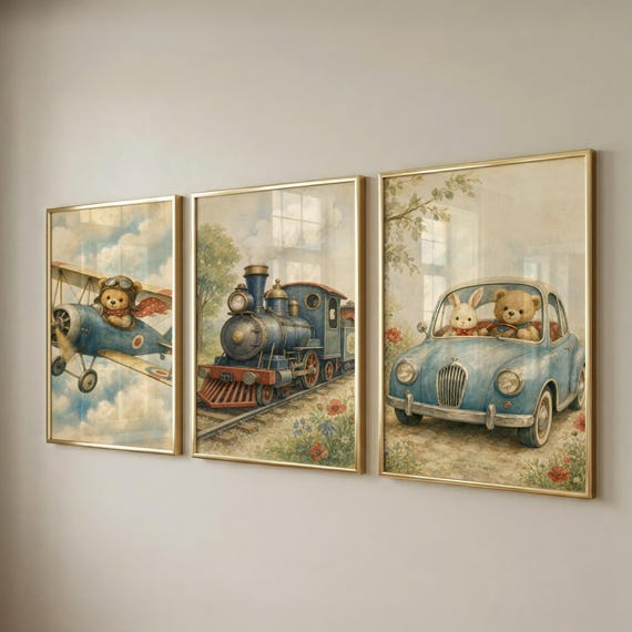 Set of 3 Nursery Wall Art, Transportation Prints for Kids Room, Baby Shower Gift