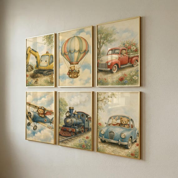 Set of 6 Nursery Prints, Transportation Wall Art for Kids Room, Fun Playroom Decor