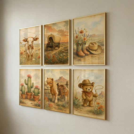 Set of 6 Western Nursery Prints, Printable Kids Wall Art, Baby Shower Gift, Playroom