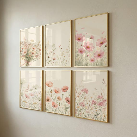 Set of 6 Wildflower Wall Art for Nursery Prints, Girls Room Decor, Digital Downloads