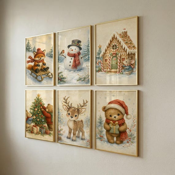 Set of 6 Christmas Wall Art, Winter Nursery Prints, Playroom Decor, Instant Download