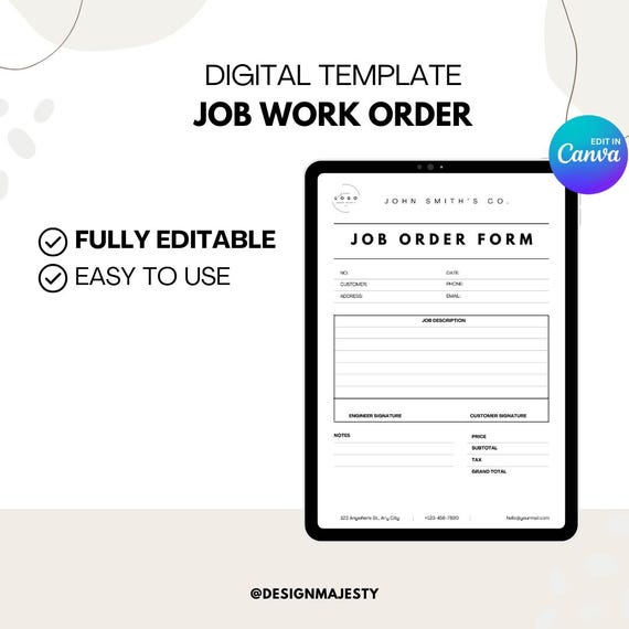 Editable Job Work Order Template: Customizable Invoice for Canva (A4/US Letter)