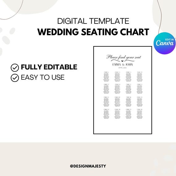 Elegant Wedding Seating Chart Template: Customizable Canva Design (24x36 Inches) (Instant Download)