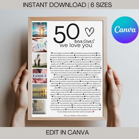 50 Reasons We Love You Poster: Personalized Birthday Gift (Digital Download)
