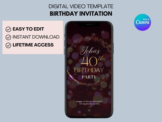 Elegant Gold Birthday Video Invitation | Editable Canva Digital Invite | Animated Party Invitation | Instant Download
