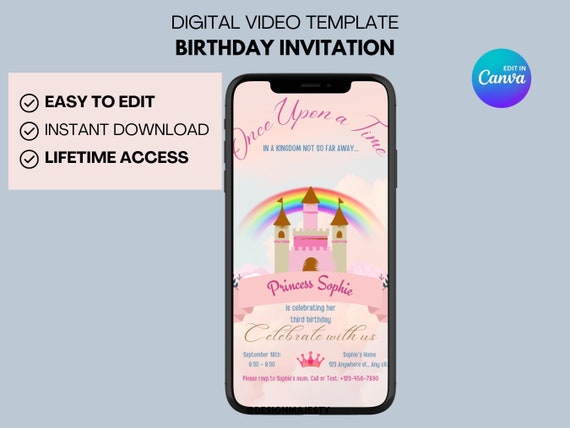 Princess Birthday Video Invitation | Editable Canva Digital Invite | Animated Party Invitation | Instant Download