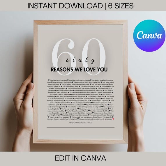 60 Reasons We Love You Poster: Custom 60th Birthday Gift (Digital Download)