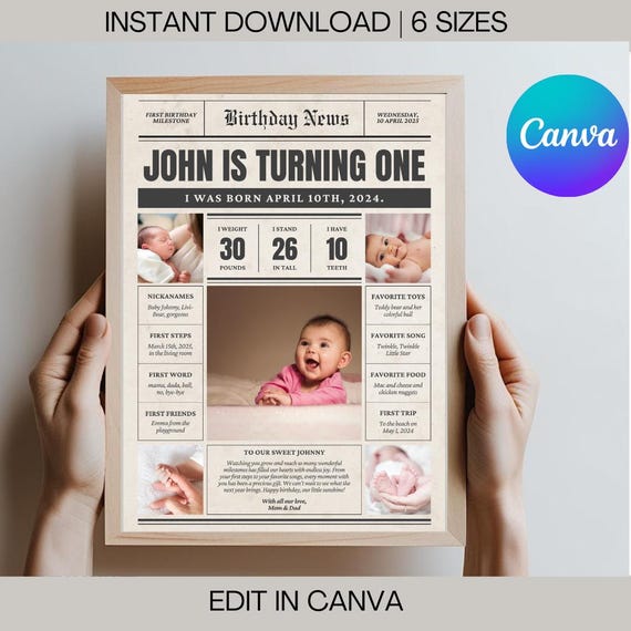 First Birthday Newspaper Poster: Editable Milestone Keepsake (Canva Template)