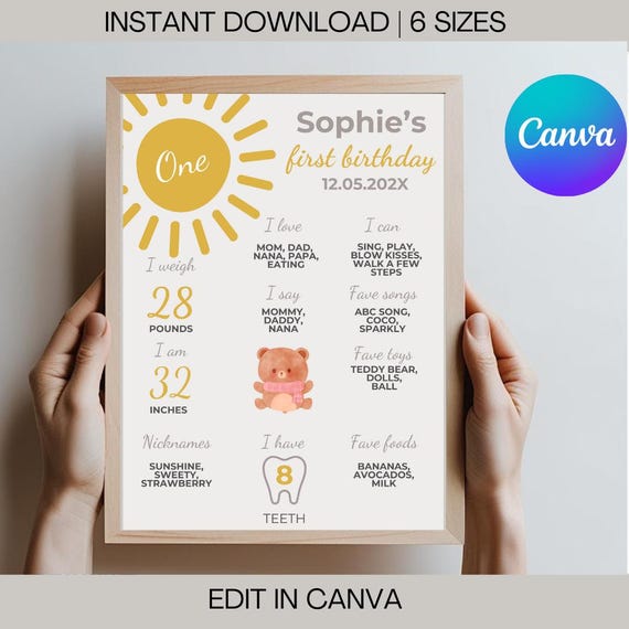 Sun Theme First Birthday Milestone Board: Editable Keepsake (Canva Template)