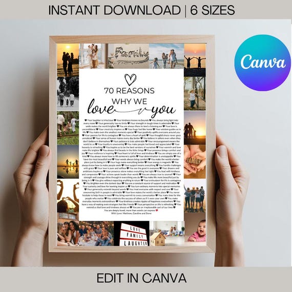 70th Birthday Photo Collage: Custom 'Reasons We Love You' Gift (Canva Template)