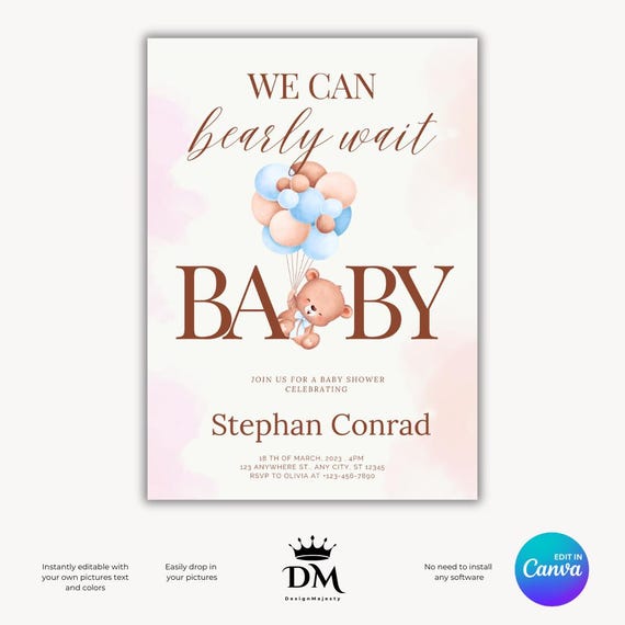 Boho Teddy Bear Baby Shower Invitation: Blue & Brown (Canva Template)