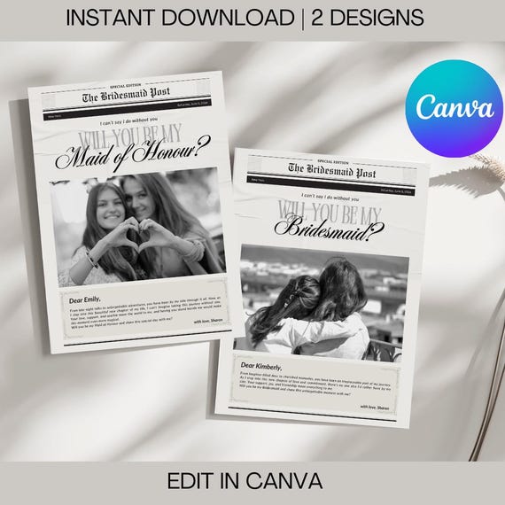 Bridesmaid Proposal Newspaper: Editable Canva Template