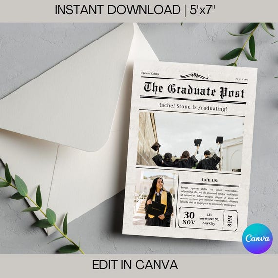 Digital Graduation Newspaper Invitation 2025, Editable Canva Template, College Graduation Announcement, Printable Grad Invite