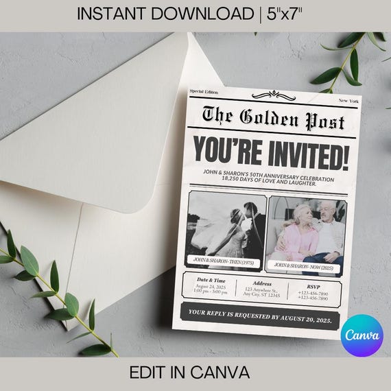 Newspaper 50th Anniversary Invitation: Golden Anniversary, Editable Canva Template (Digital Download)