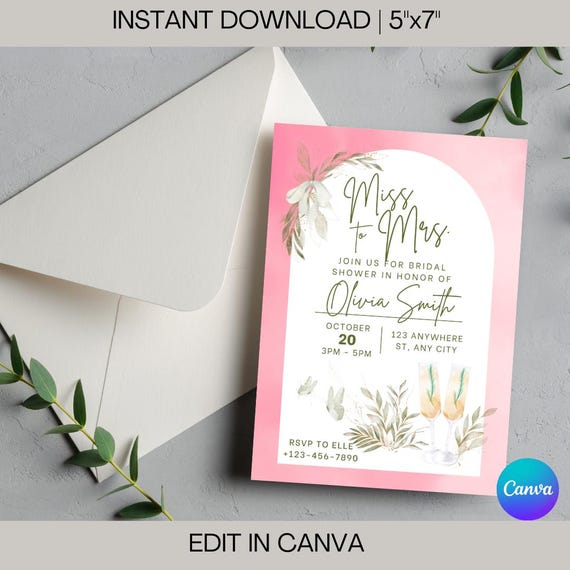Pink Floral Bridal Shower Invitation: Miss to Mrs. Champagne Design (Digital Download)