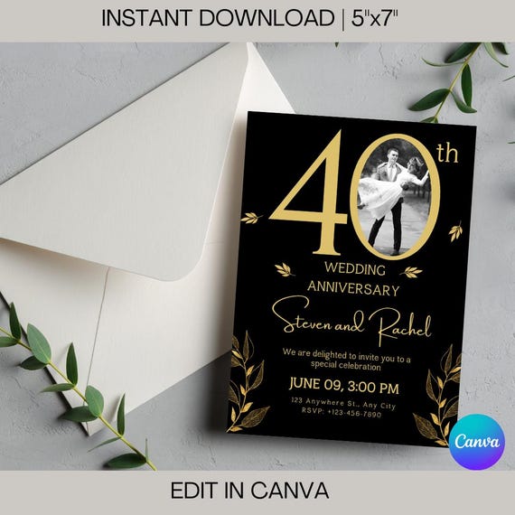 Ruby 40th Anniversary Invitation: Black & Gold Photo Template (Digital Download)