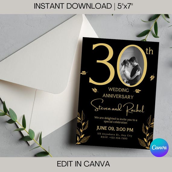 30th Anniversary Invitation: Black and Gold, Photo Template (Digital Download)