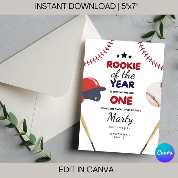Rookie of the Year Baseball 1st Birthday Invitation (Digital Template)