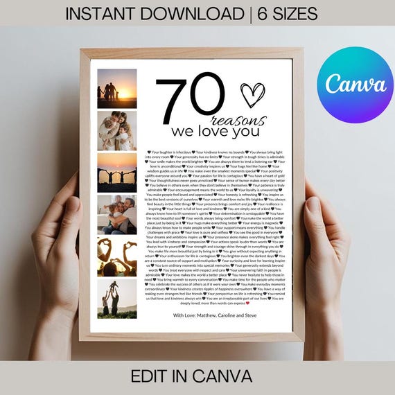 70th Birthday Photo Collage Poster: "Reasons We Love You" (Printable & Editable)