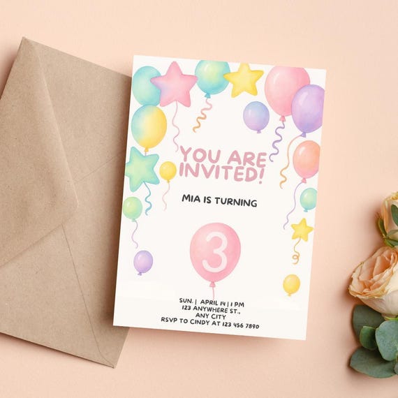 Third Birthday Invitation: Pastel Balloon Party, Editable Template (Digital Download)