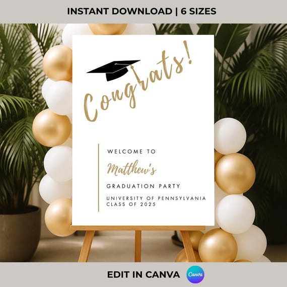 White & Gold Graduation Welcome Sign: Class of 2025 Canva Template (Digital Download)