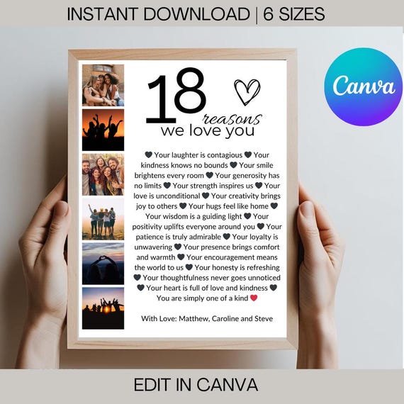 18th Birthday Gift: 18 Reasons We Love You Printable (Canva Template)