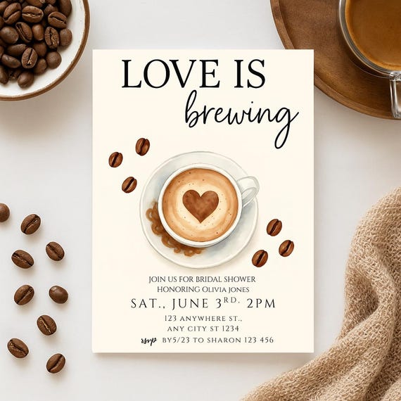 Coffee Bridal Shower Invitation: Love Is Brewing, Editable Template (Digital Download)