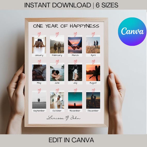 One Year Anniversary Photo Collage: Polaroid Keepsake (Canva Template)
