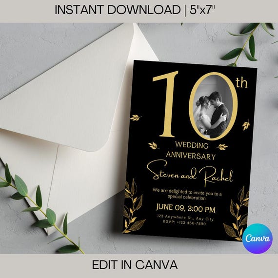 10th Anniversary Invitation: Elegant Black and Gold Photo Template (Digital Download)