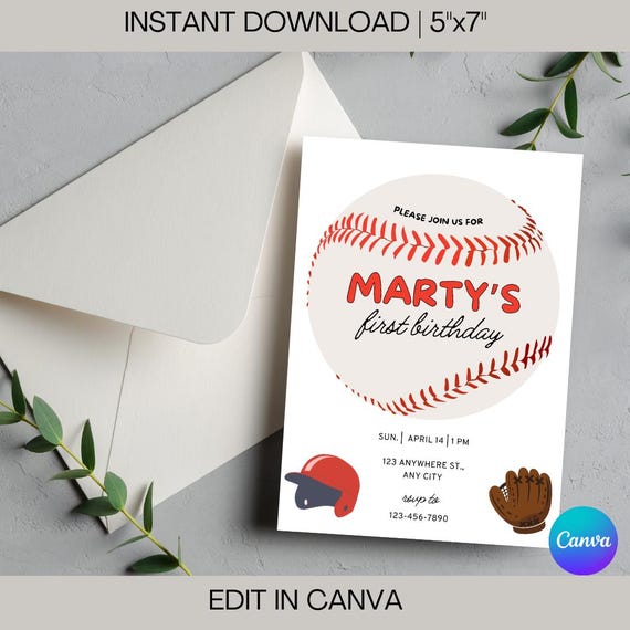 Rookie of the Year Baseball 1st Birthday Invitation (Editable Canva Template) (Digital Download)