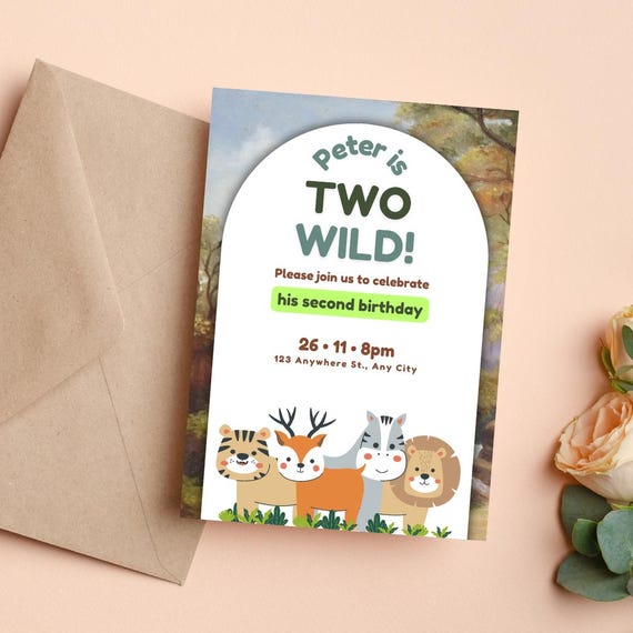 Two Wild Safari 2nd Birthday Invitation: Boho Jungle Animals (Digital Download)