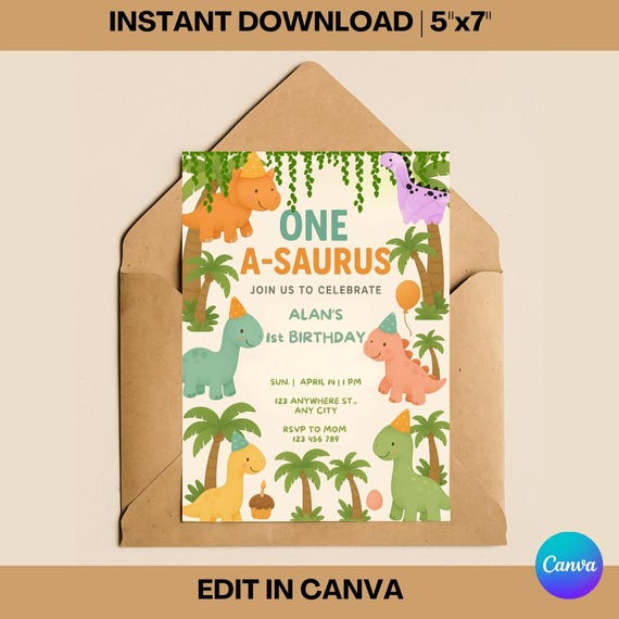 One-a-saurus Birthday Invitation, Dino Party, Editable Template (Digital Download)