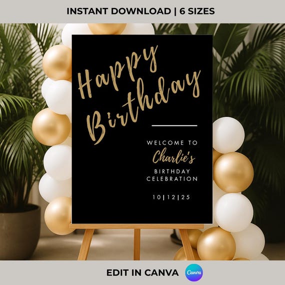 Black & Gold Birthday Welcome Sign: Modern Party Decor (Canva Editable, Digital Download)