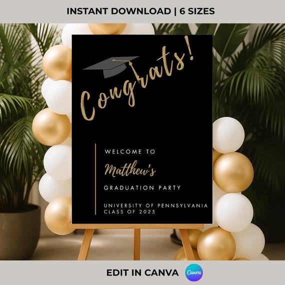 Black and Gold Graduation Welcome Sign: Editable Party Decor (Digital Download)