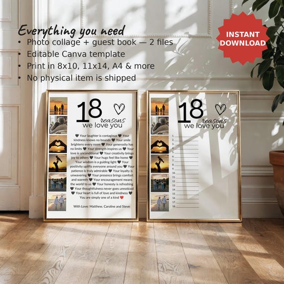 18 Reasons We Love You Photo Collage + Guest Book, 18th Birthday Gift, Editable Canva Template