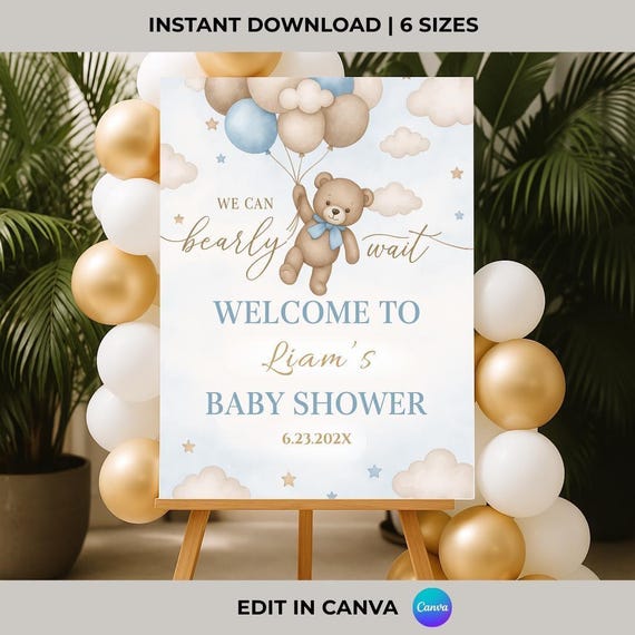 Blue Bear Baby Shower Welcome Sign: Editable Canva Template (Digital Download)