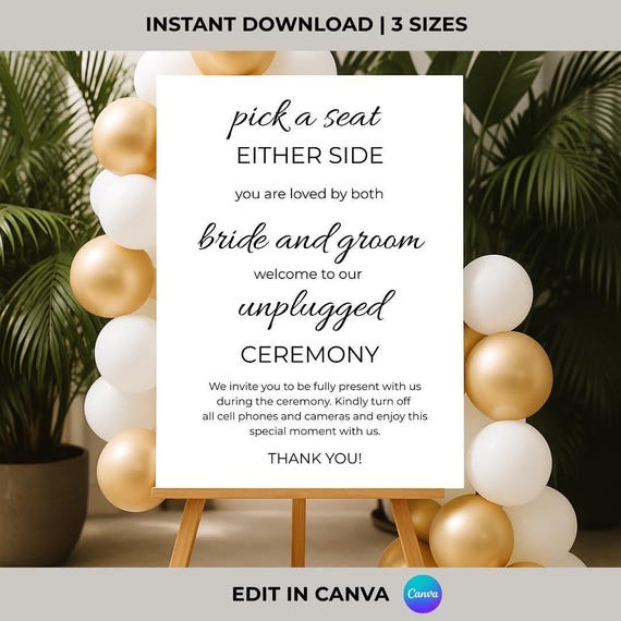 Unplugged Wedding Ceremony Sign: Minimalist Canva Template (Digital Download)