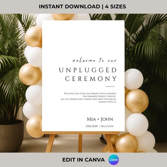 Elegant Unplugged Wedding Sign: Minimalist Ceremony Template (Canva Download)
