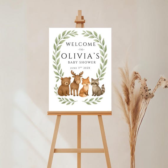 Woodland Baby Shower Welcome Sign, Editable Canva Template, Printable Poster for New Mom, Baby Shower Decor