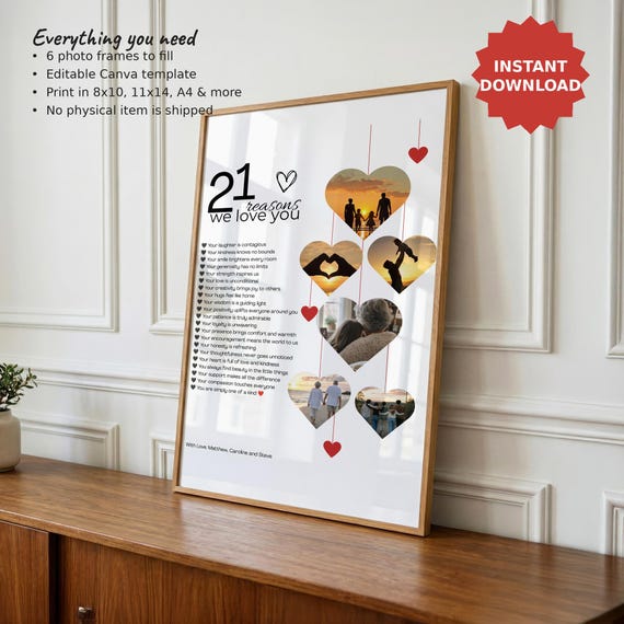 21st Birthday Gift for Her - 21 Reasons We Love You Photo Hearts, Editable Canva Template, Digital Download