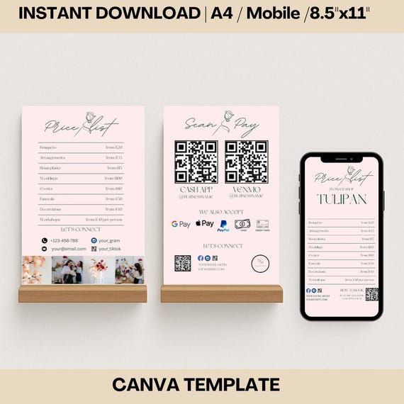 Floral Price List Template: QR Code Payment Sign (Canva Editable)