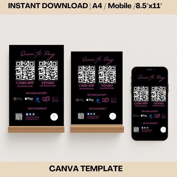 Editable Scan to Pay Sign: Beauty Salon QR Code Template (Instant Download)