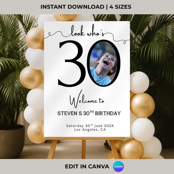 Male 30th Birthday Welcome Sign Template, Editable Canva Design, Customizable for Him, 30th Birthday Party Décor