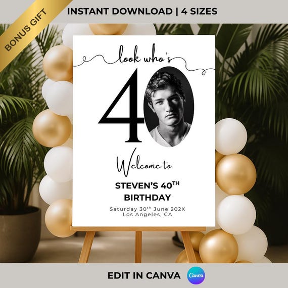 Male 40th Birthday Welcome Sign: Photo Template (Digital)