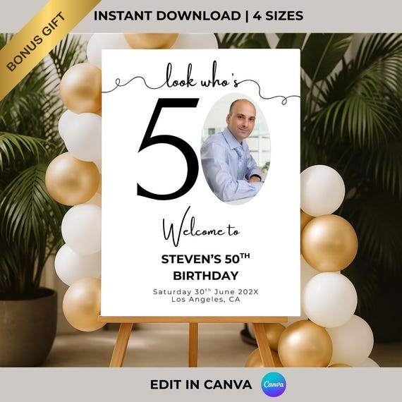 50th Birthday Welcome Sign, Editable Canva Template, Personalized Birthday Decor, Customizable Party Poster